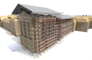 Vue 3D de l'échafaudage installé sur le Pavillon Dufour et la Vieille